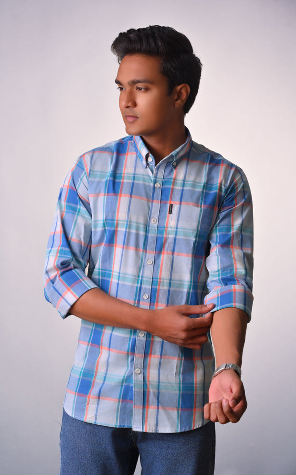 BRUCEWANE Men 100% Cotton Full Sleeve Solid Blue Check Shirt