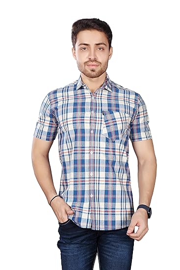 BRUCEWANE Men's 100% Cotton Half Sleeve Shirt Blue