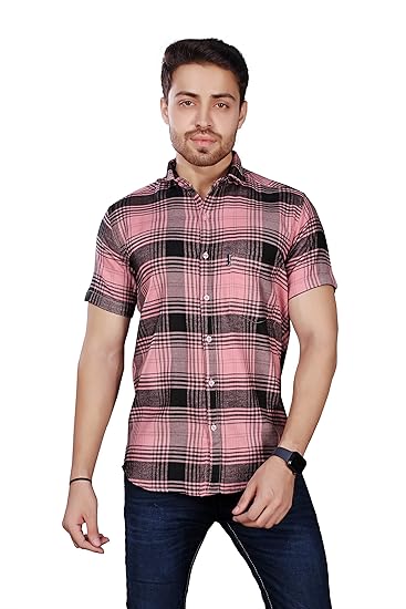 BRUCEWANE Men's 100% Cotton Half Sleeve Pink Checked Shirt