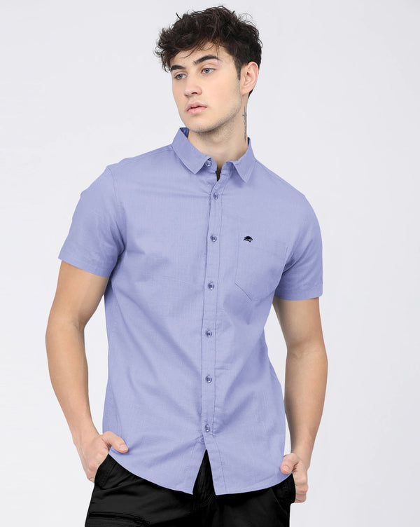 BRUCEWANE Men's 100% Cotton Half Sleeve Shirt Blue Grey