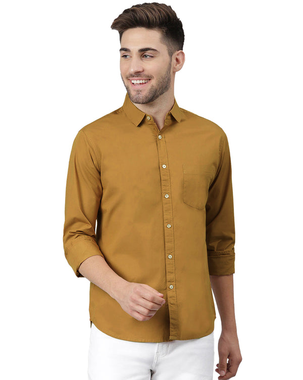 BRUCEWANE Men 100% Cotton Full Sleeve Solid Brown Shirt