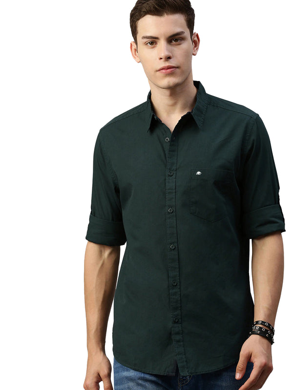 BRUCEWANE Men 100% Cotton Full Sleeve Solid Dark Green Shirt