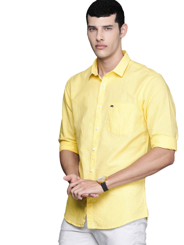 BRUCEWANE Men 100% Cotton Full Sleeve Solid Lemon Yellow Shirt