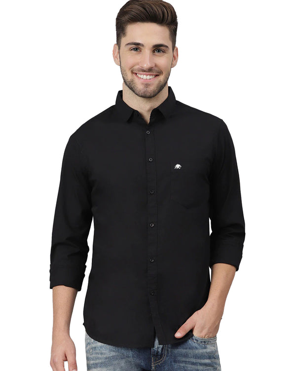 BRUCEWANE Men 100% Cotton Full Sleeve Solid Black Shirt