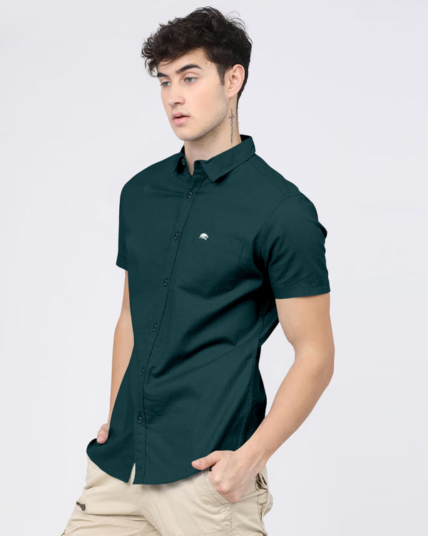 BRUCEWANE Men's 100% Cotton Half Sleeve Shirt Dark Green