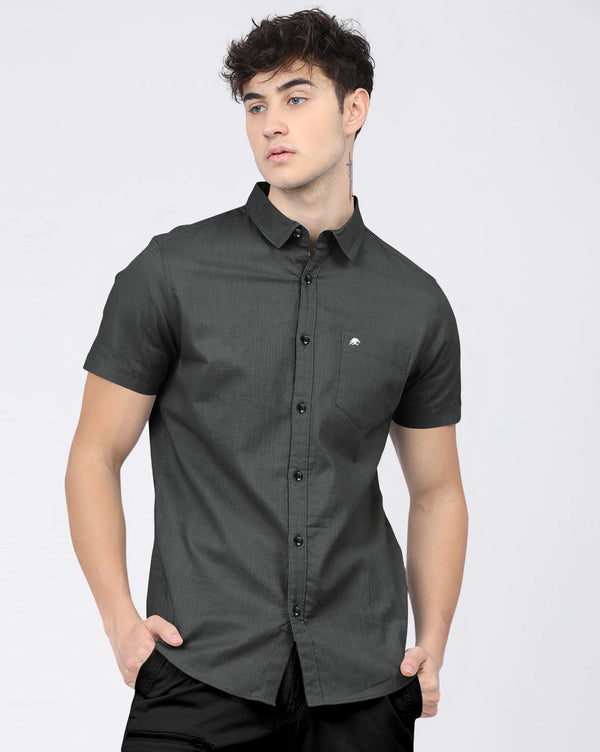 BRUCEWANE Men's 100% Cotton Half Sleeve Shirt Dark Grey