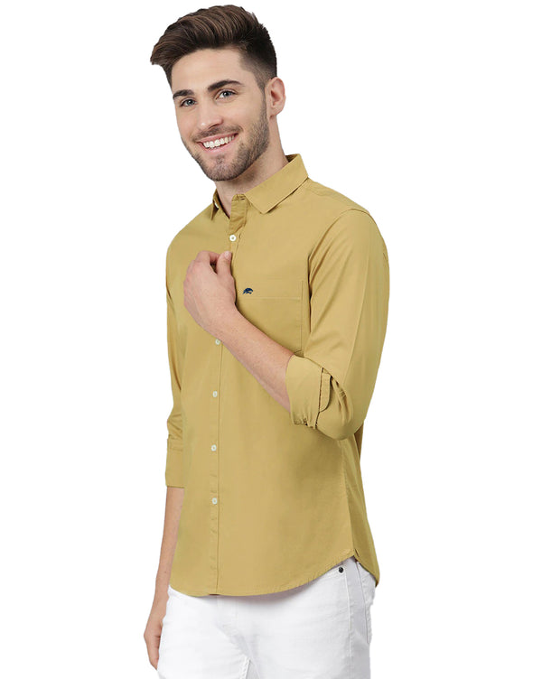 BRUCEWANE Men 100% Cotton Full Sleeve Solid Shirt Golden