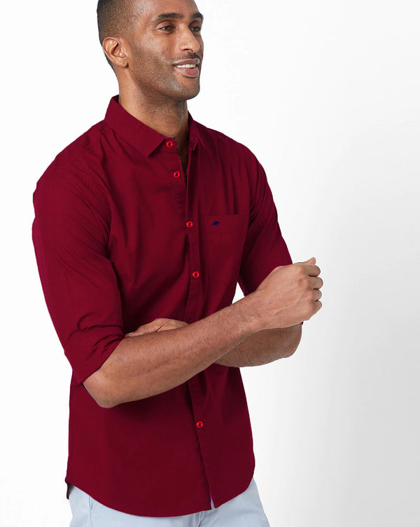 BRUCEWANE Men 100% Cotton Full Sleeve Solid Maroon Shirt