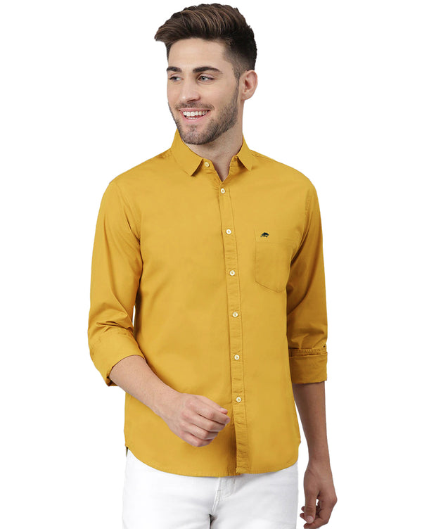 BRUCEWANE Men 100% Cotton Full Sleeve Solid Mustard Shirt