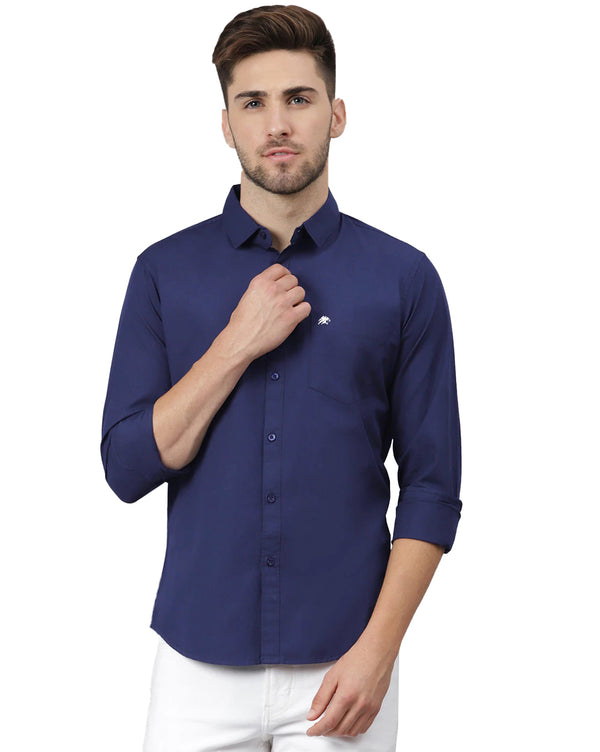 BRUCEWANE Men 100% Cotton Full Sleeve Solid Navy Blue Shirt