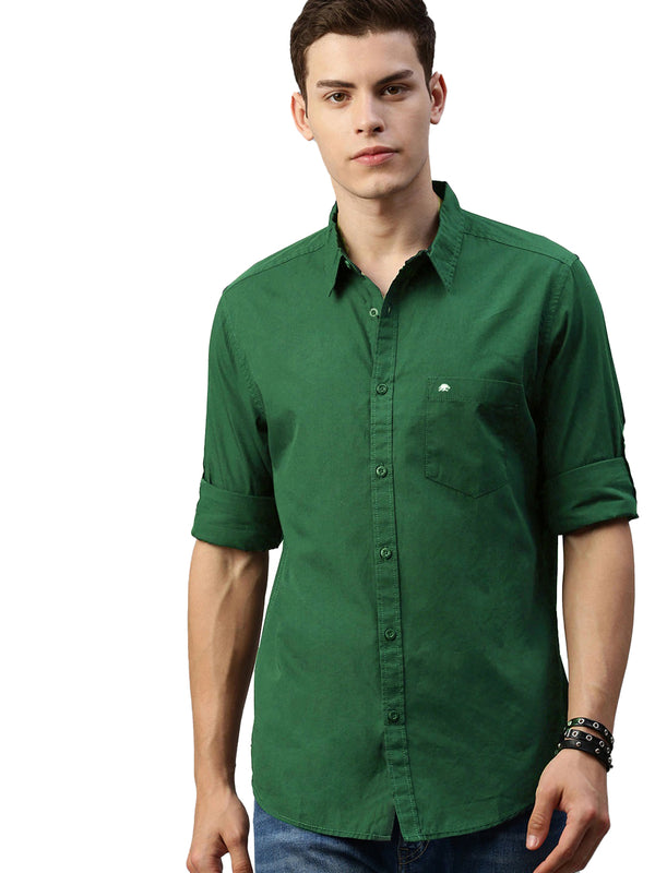 BRUCEWANE Men 100% Cotton Full Sleeve Solid Parrot Green Shirt