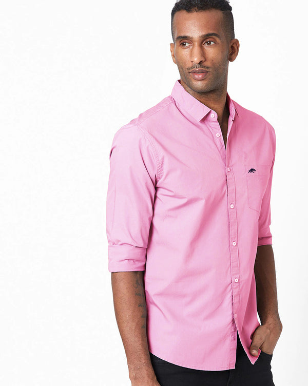 BRUCEWANE Men 100% Cotton Full Sleeve Solid Pink Shirt