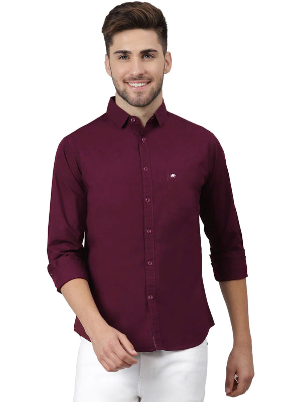 BRUCEWANE Men 100% Cotton Full Sleeve Solid Wine Shirt