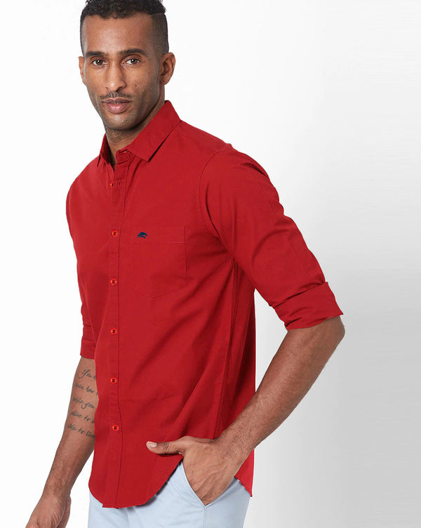 BRUCEWANE Men 100% Cotton Full Sleeve Solid Red Shirt