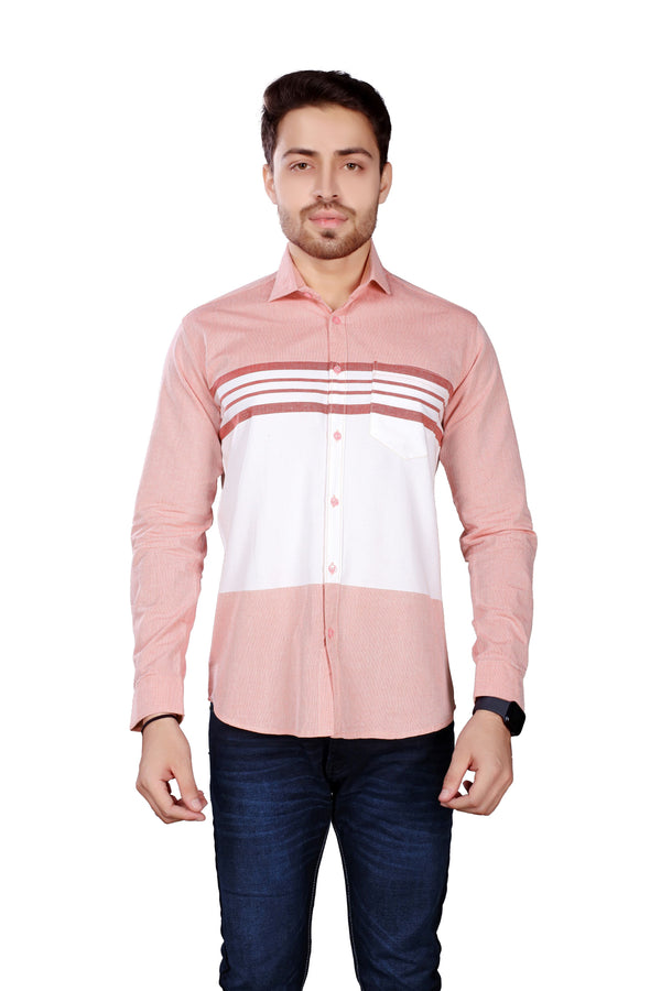 BRUCEWANE Men 100% Cotton Full Sleeve Pink Solid Red Patta Shirt