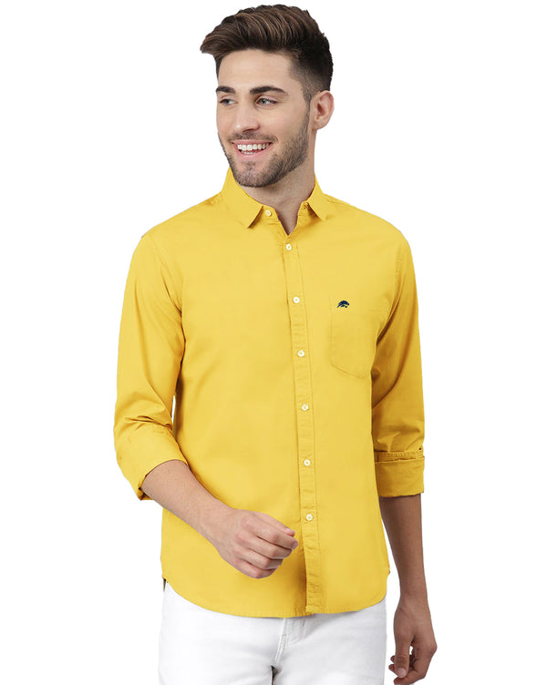 BRUCEWANE Men 100% Cotton Full Sleeve Solid Yellow Shirt